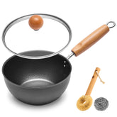 WANGYUANJI 7.1 Inch Hammered Cast Iron Saucepan with Glass Lid, Removable Beechwood Handle, Small Milk Pot for Boiling, Simmering, Heating – Non-Coated, Stovetop Compatible